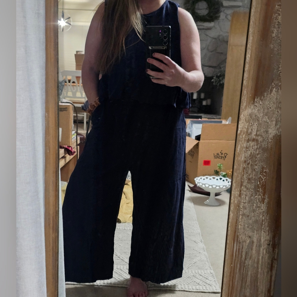 ANRABESS 2 Piece Outfits Sleeveless Tank Crop Top Wide Leg Pants, XXL, Deep Navy - Picture 7 of 9